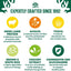 Product label with ingredients and benefits on a green background