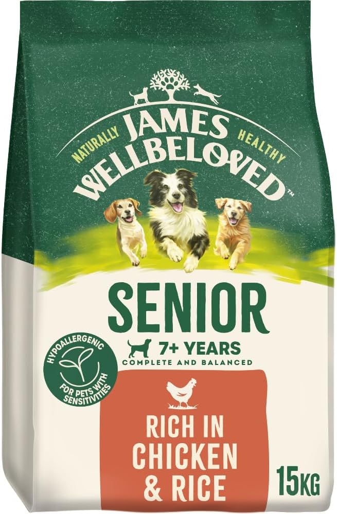 Bag of James Wellbeloved senior dog food with images of dogs on a green and white background.