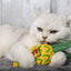 White cat playing with a colorful toy on a gray surface