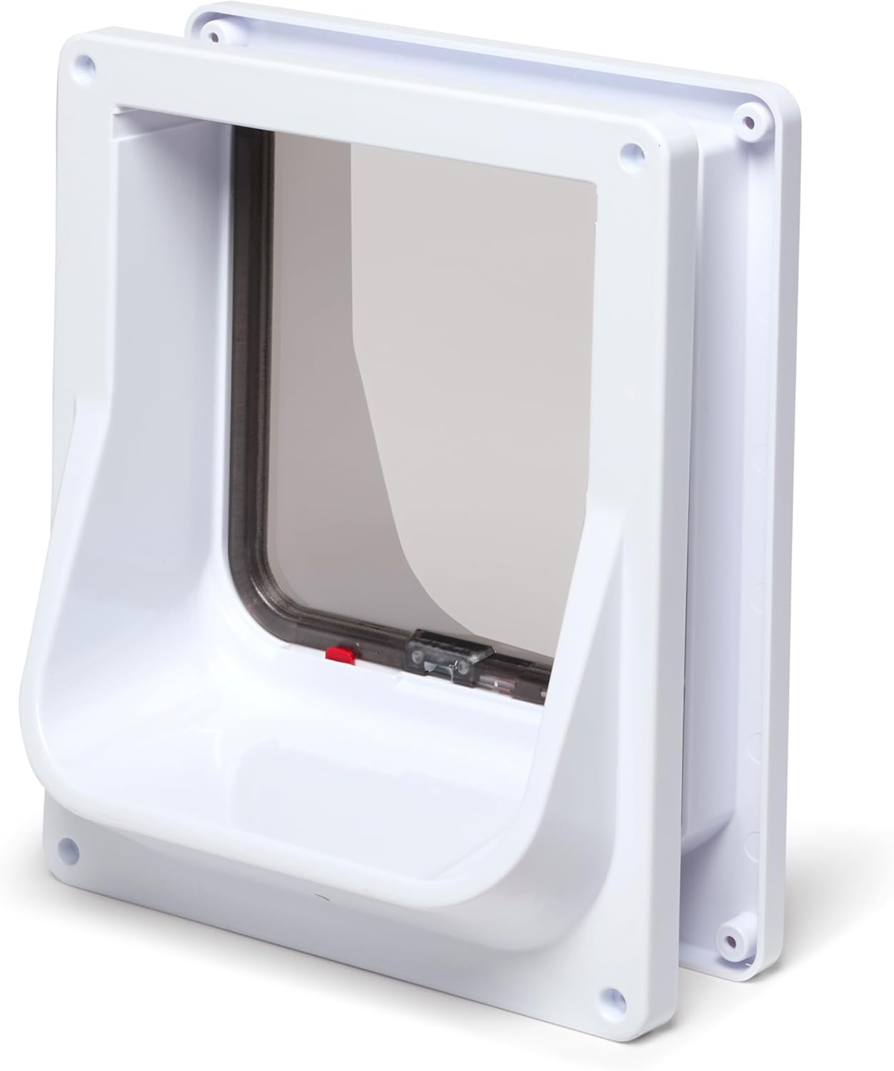 Pet door with a clear flap on a white background