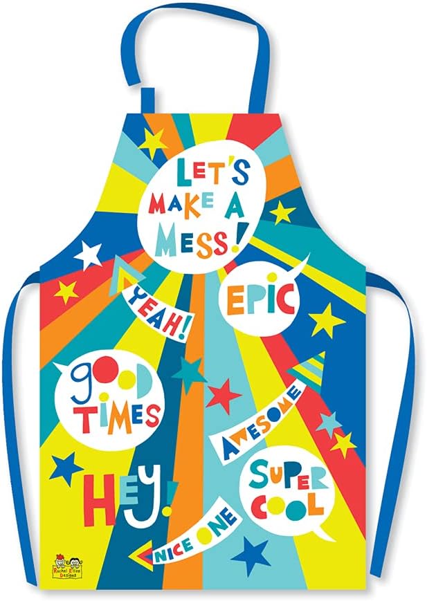 Colorful children's apron with motivational phrases on a white backgrounds 