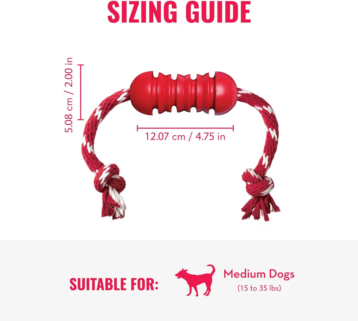 A red dog chew toy with white braided rope handles and tassel ends, shown on a white background with pink measurement lines and text reading 'SIZING GUIDE' and 'Suitable for: Medium Dogs (15 to 35 lbs)'.