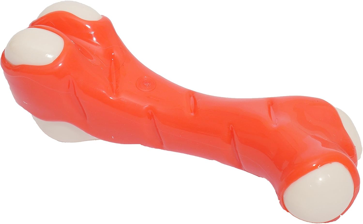 Dog toy shaped like a bone with a red body and white ends on a white background