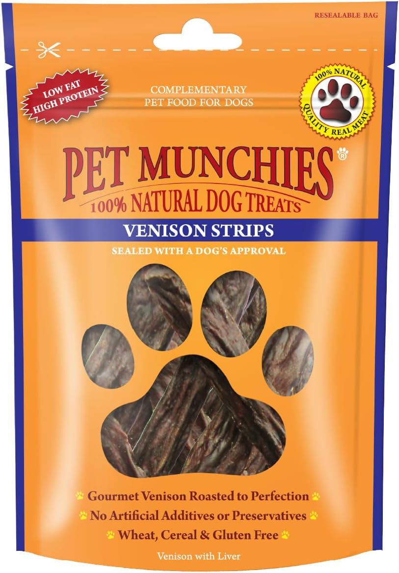 Package of Pet Munchies Venison Strips dog treats with orange background