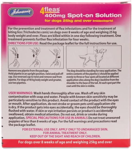 The back of a Johnson & Johnson 4mg/0.04mg Spot-on Solution package leaflet for dogs, showing directions, warnings, and precautions in black text on a white background with a pink header.