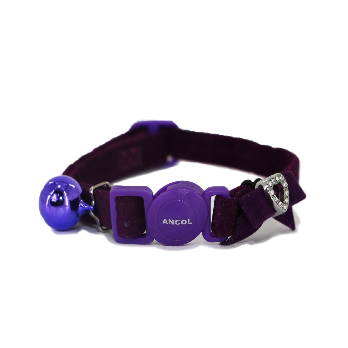 Purple pet collar with a bell and decorative buckle on a white background