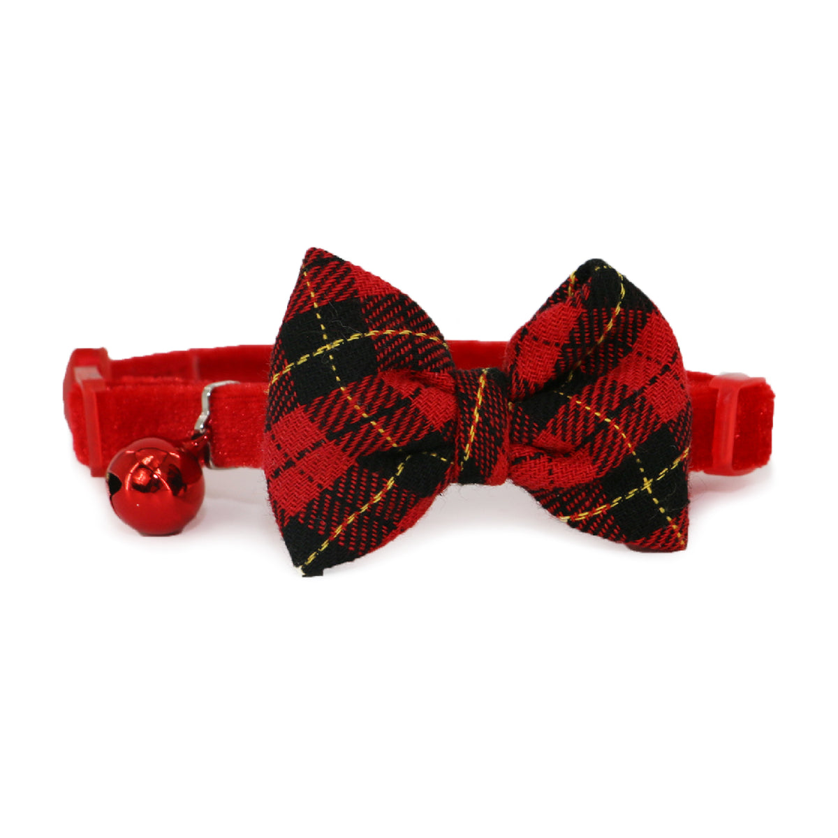 Red and black plaid bow tie on a red collar with a bell on a white background