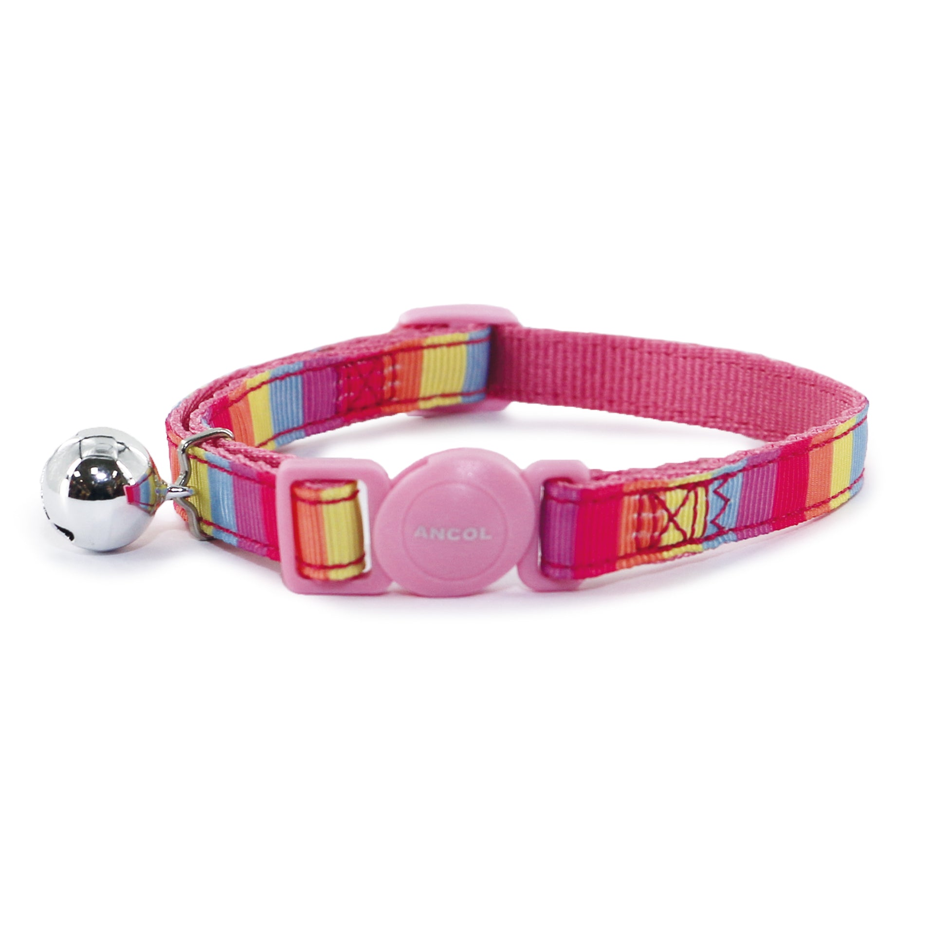 Colorful striped cat collar with a bell on a white background