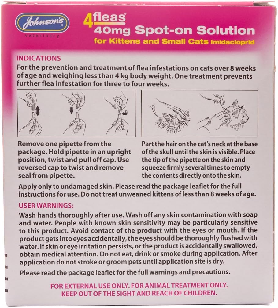 A pink and white printed veterinary product insert for Johnson's 4fleas 40mg Spot-on Solution for kittens and small cats, showing usage instructions and warning text with simple line drawings.