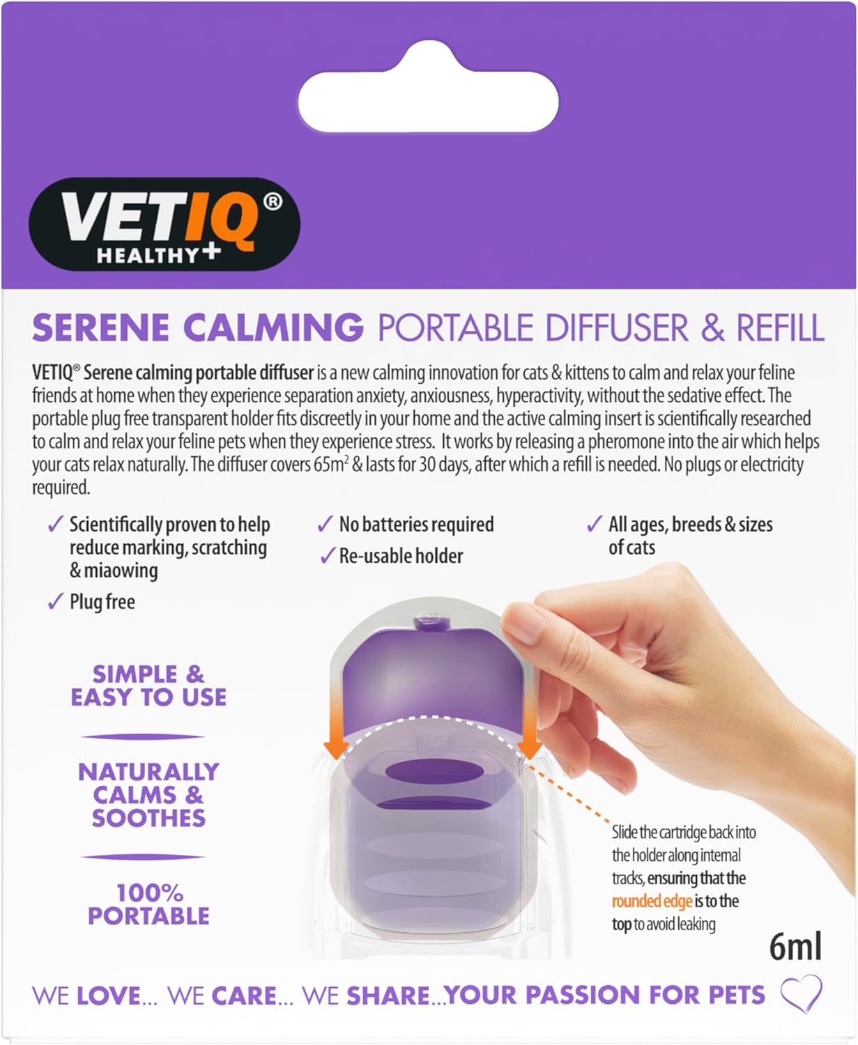 VETIQ Serene Calming Portable Diffuser & Refill packaging with product image and text on a purple background