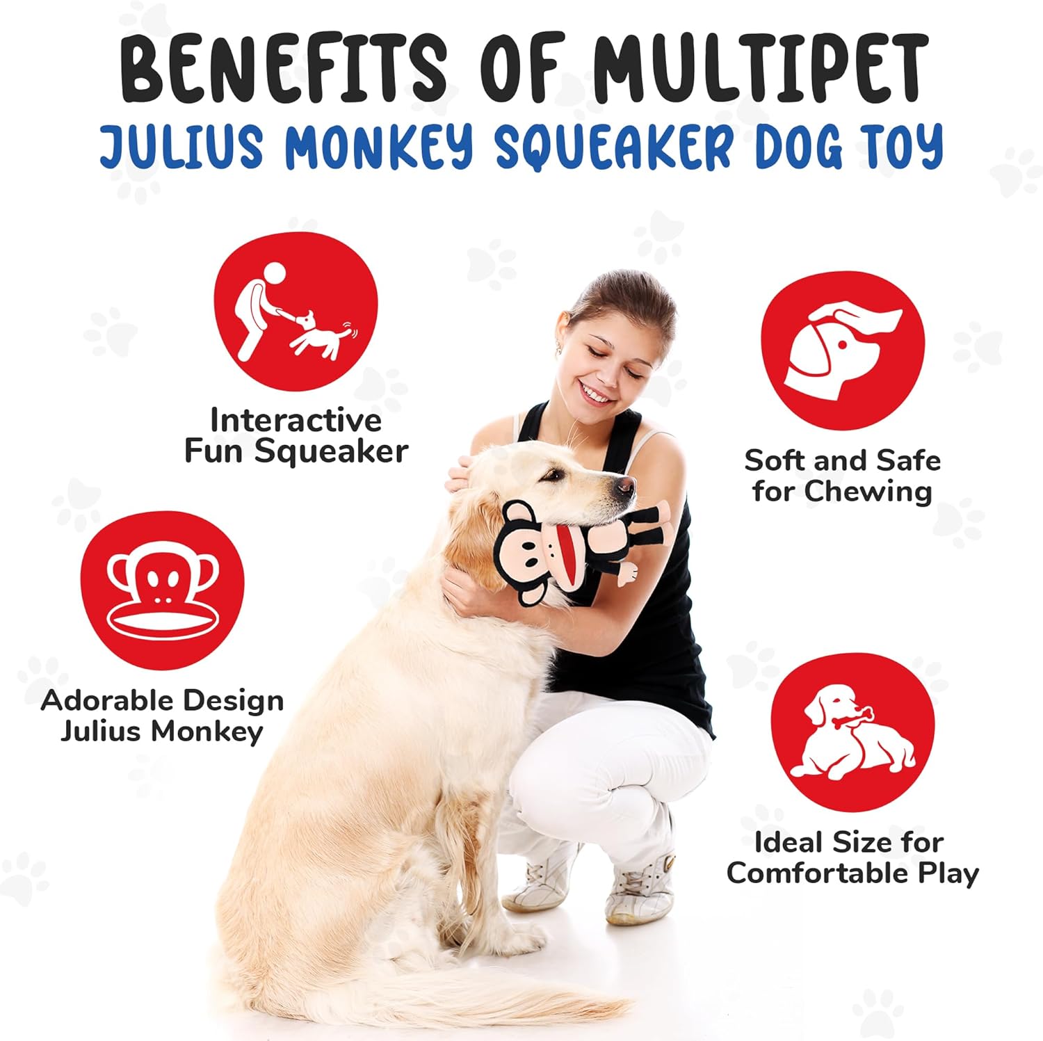 Woman holding a dog with a Julius Monkey Squeaker toy, surrounded by icons and text listing benefits.