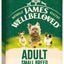 James Wellbeloved dog food package for adult small breed dogs on a green and beige background