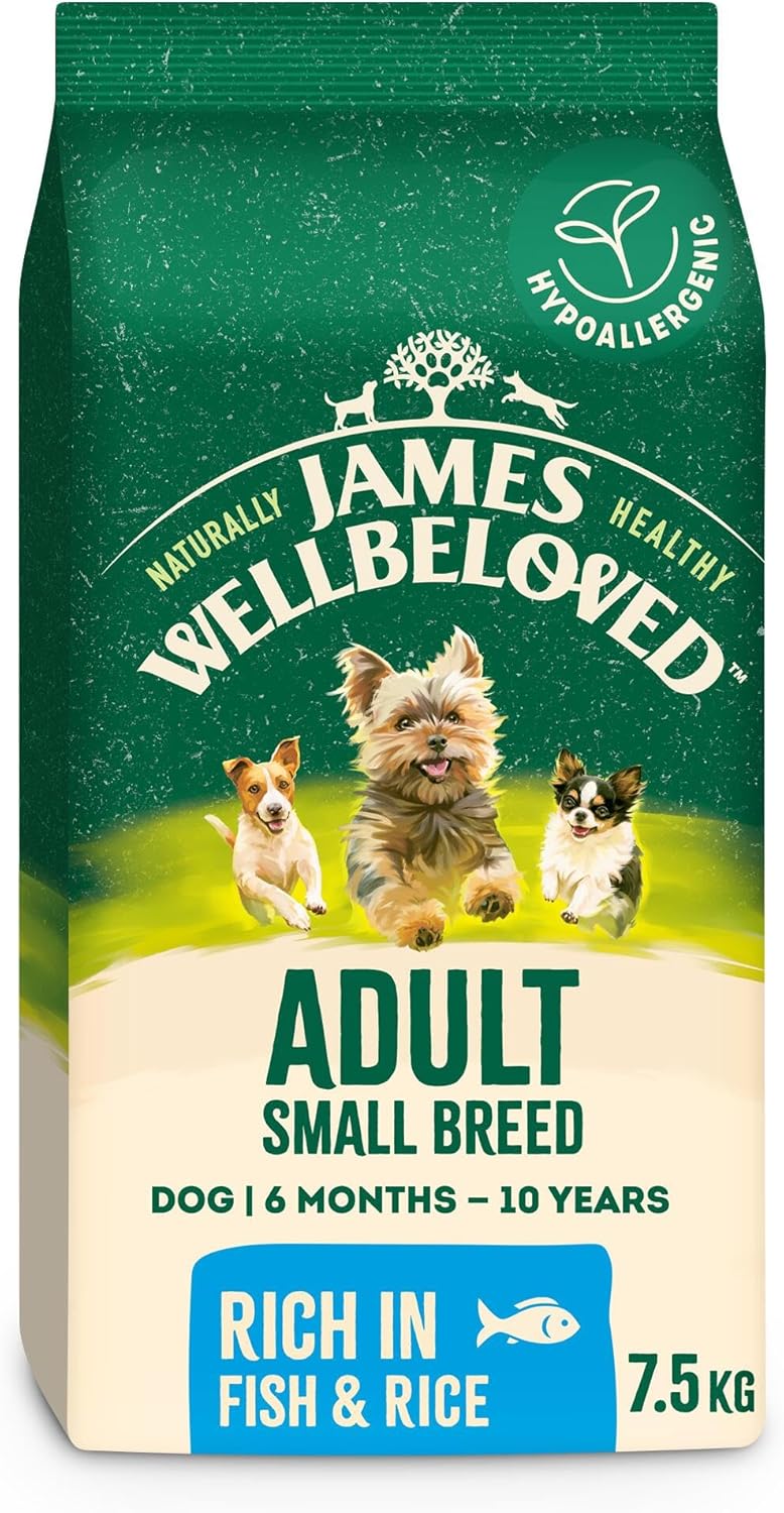 James Wellbeloved dog food package for adult small breed dogs on a green and beige background