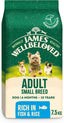 James Wellbeloved dog food package for adult small breed dogs on a green and beige background