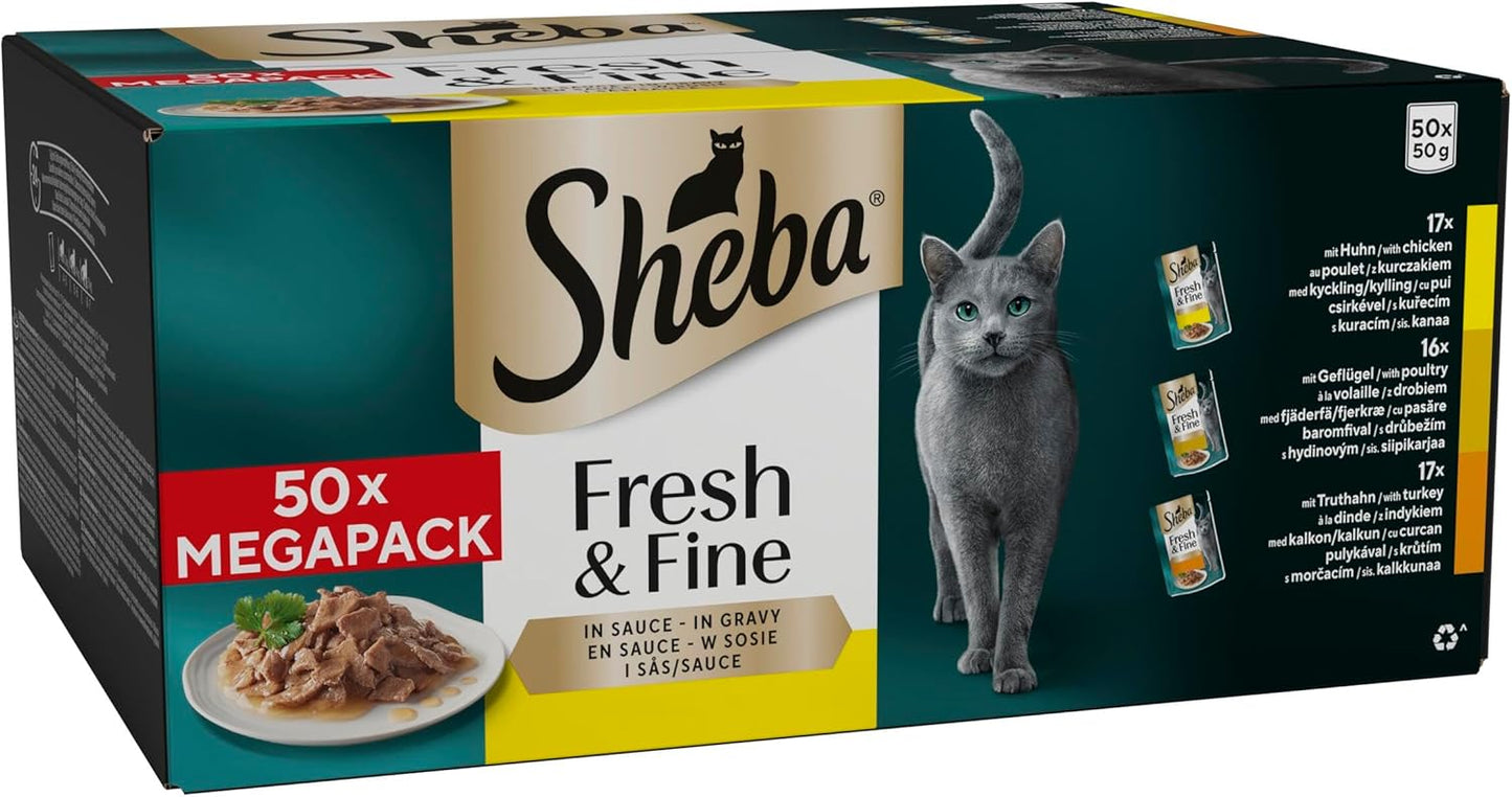 SHEBA Fresh & Fine Cat Food Pouches Poultry in Gravy 50x50g | Complete Wet Food for Adult Cats