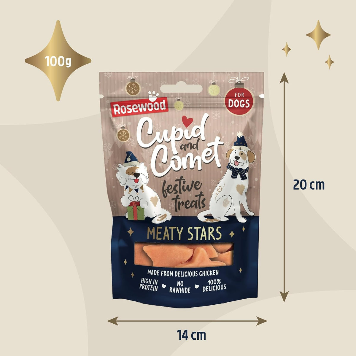 Rosewood Cupid and Comet festive treats meaty stars dog chew snack in a 100g bag, shown with dimension lines indicating 14 cm width and 20 cm height on a beige background.