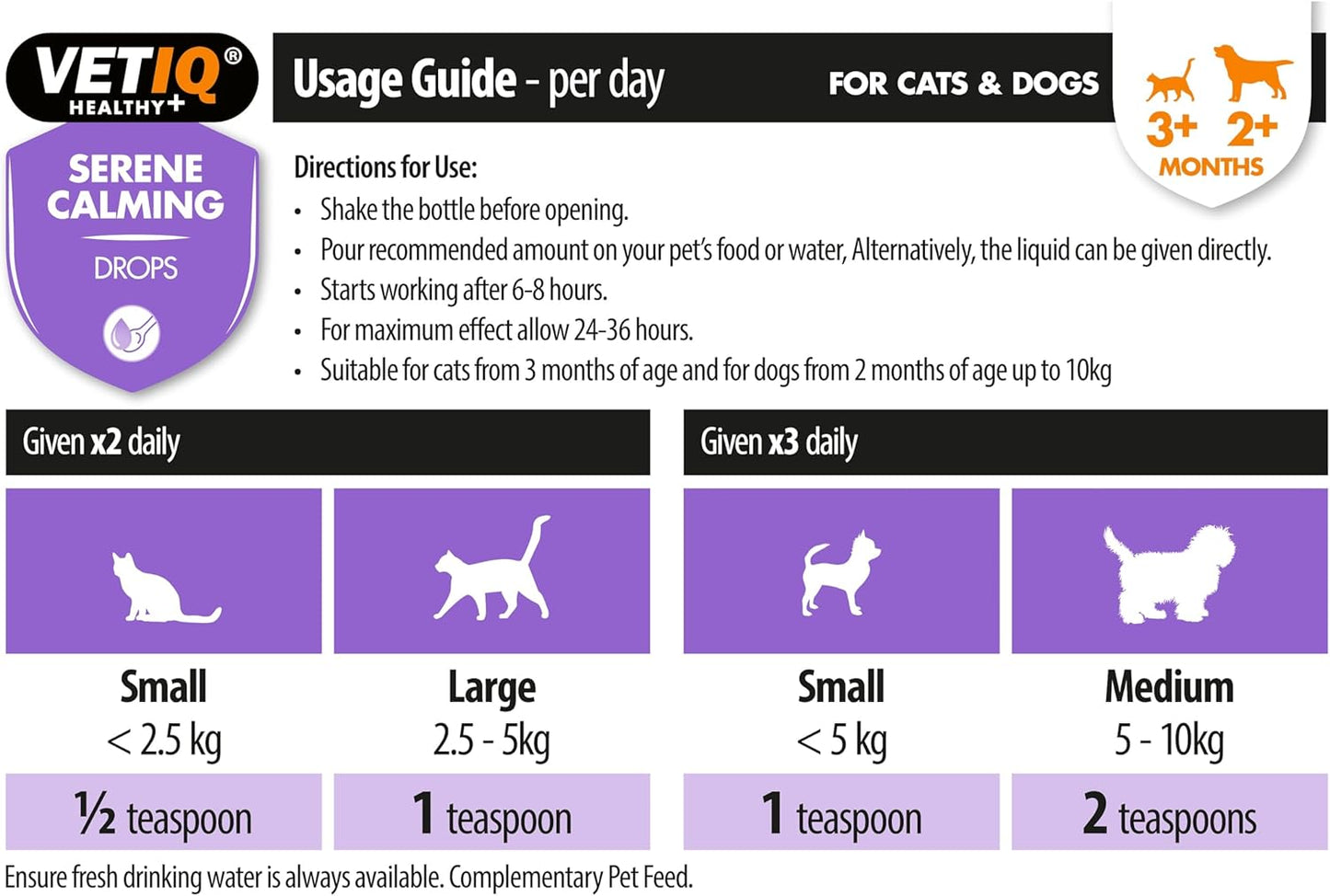 VetIQ Serene Calming Drops usage guide for cats and dogs with dosage instructions.