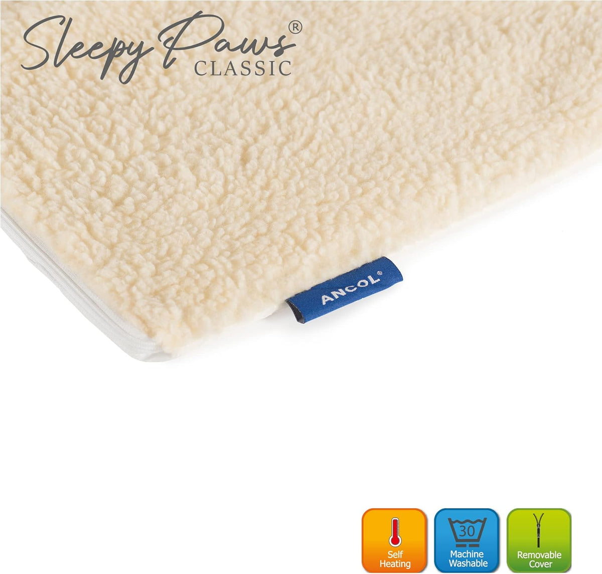 Sleepy Paws Classic pet bed with Ancol branding and product features on a white background