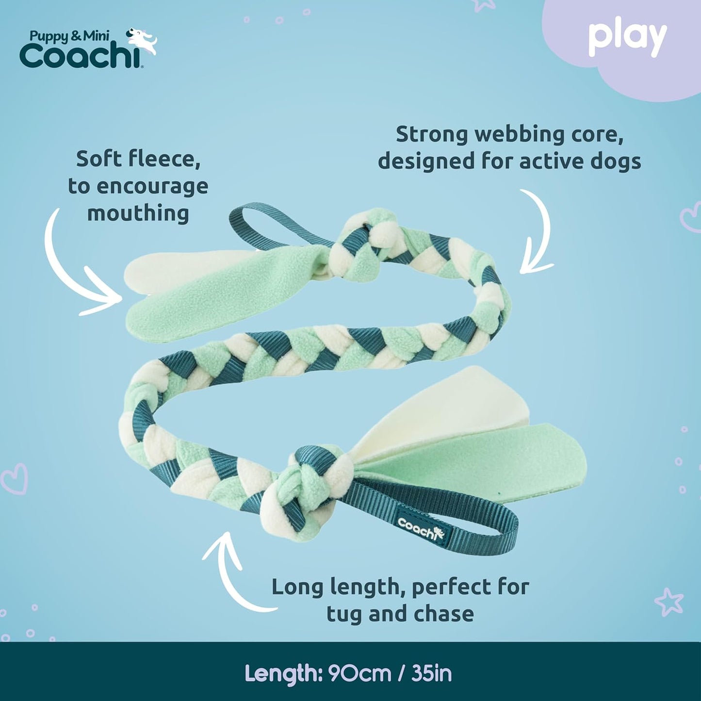 Dog toy with text highlighting features on a blue background