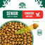 Dog food packaging for senior dogs with chicken and rice, showing a bowl of kibble.