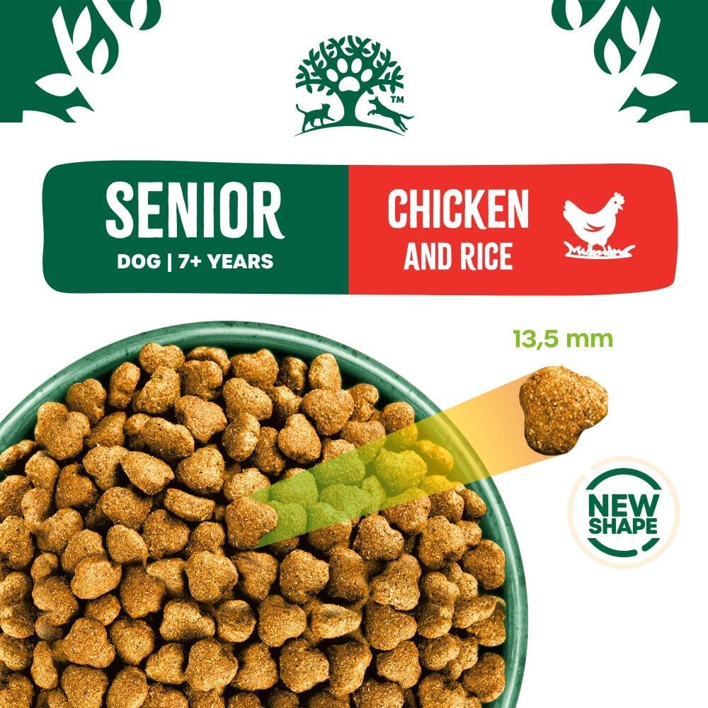 Dog food packaging for senior dogs with chicken and rice, showing a bowl of kibble.