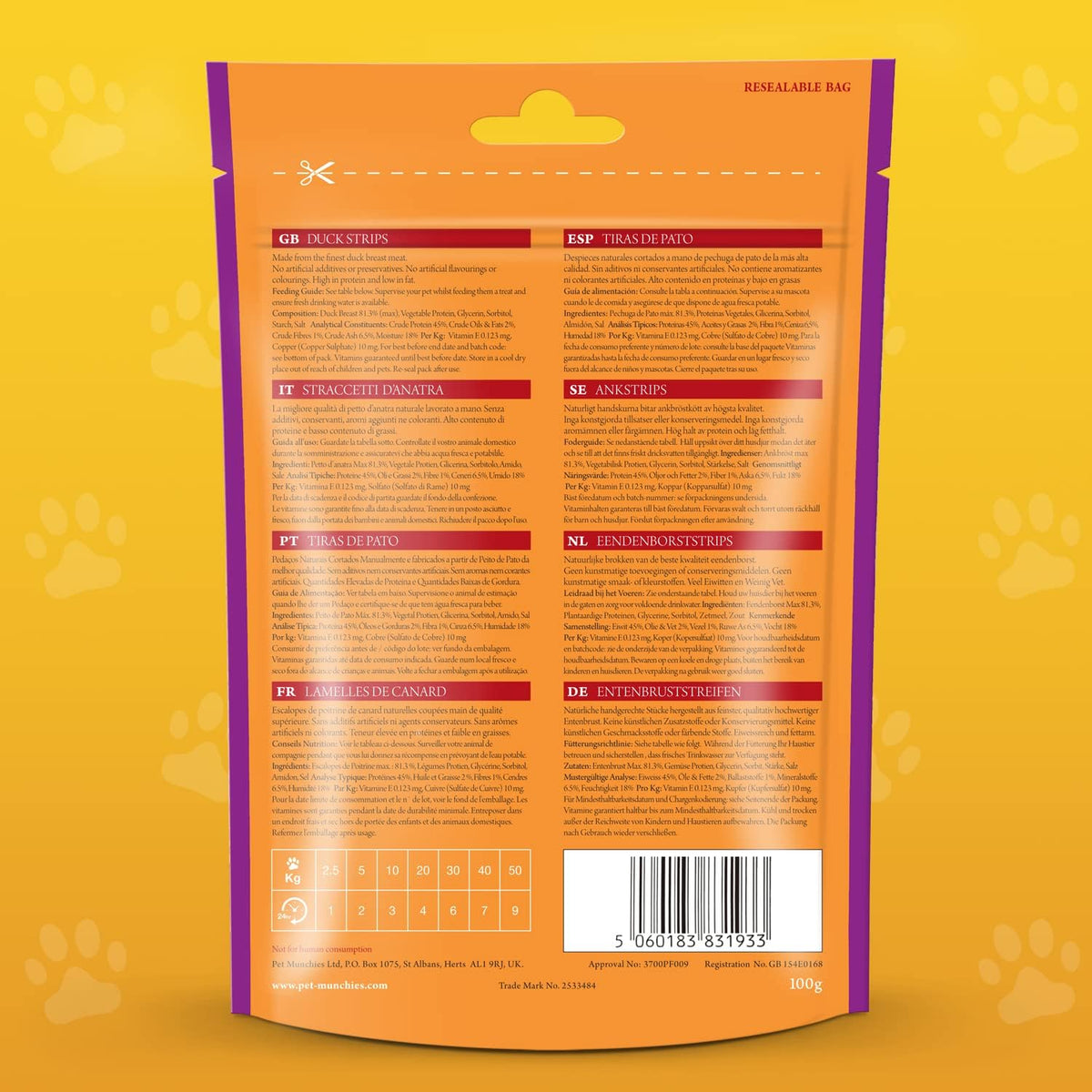 Back view of a pet food packaging with text and a barcode on an orange background