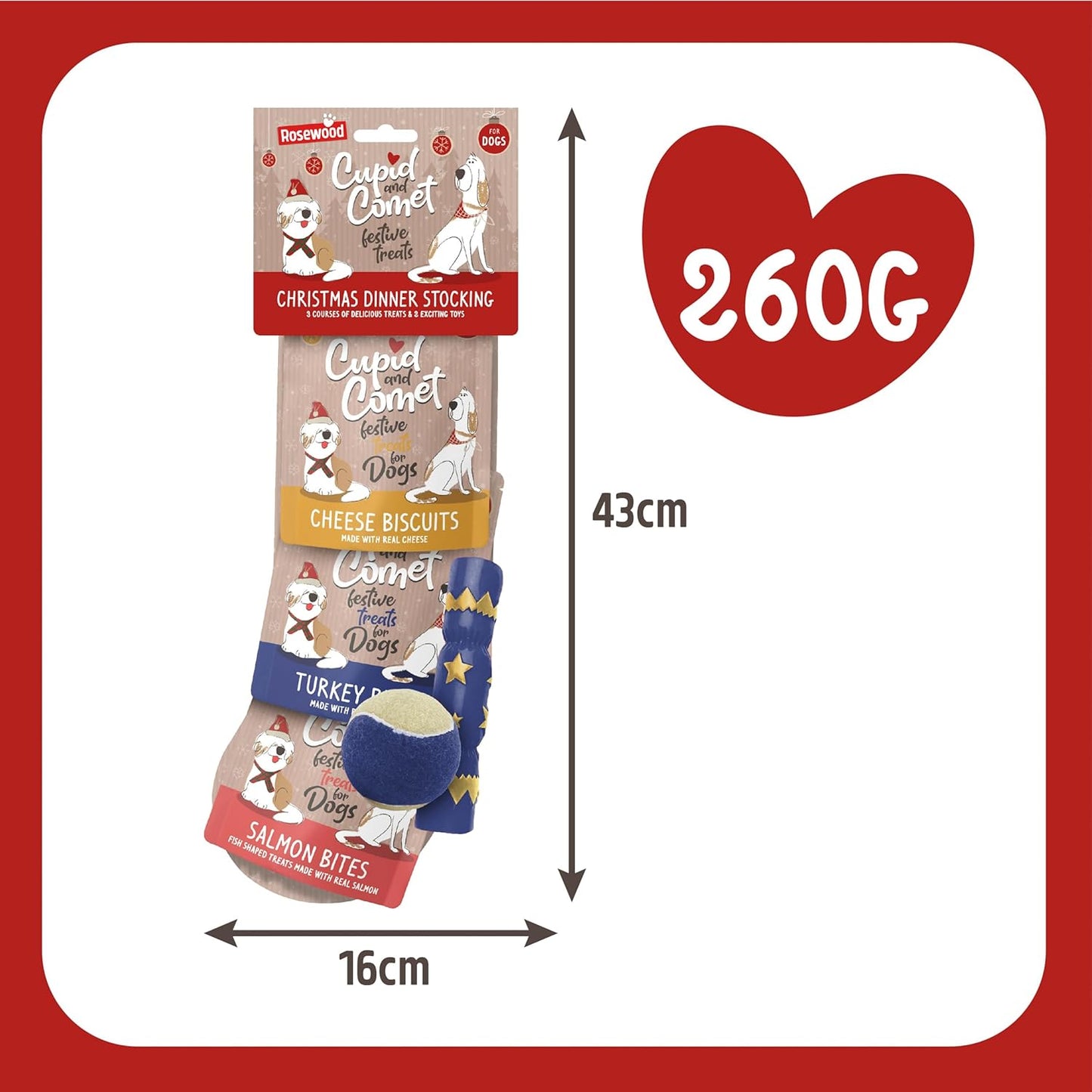 Cupid & Comet Dog Christmas Dinner Stocking – Festive Gift with 3 Treats & 2 Toys