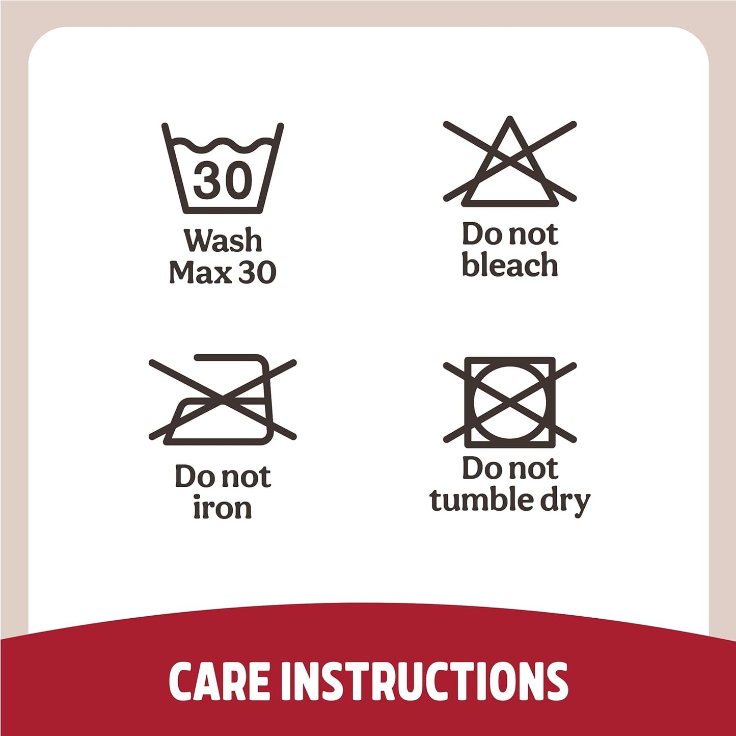 Care instructions label with symbols and text on a beige background