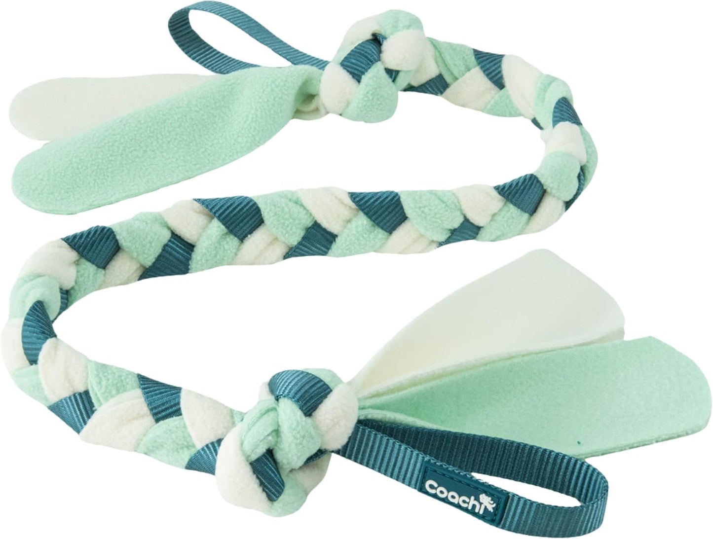 Braided dog toy with a knotted design on a white background