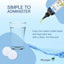 Product instructions for administering a drop into water with a glass and eye drops on a blue background.