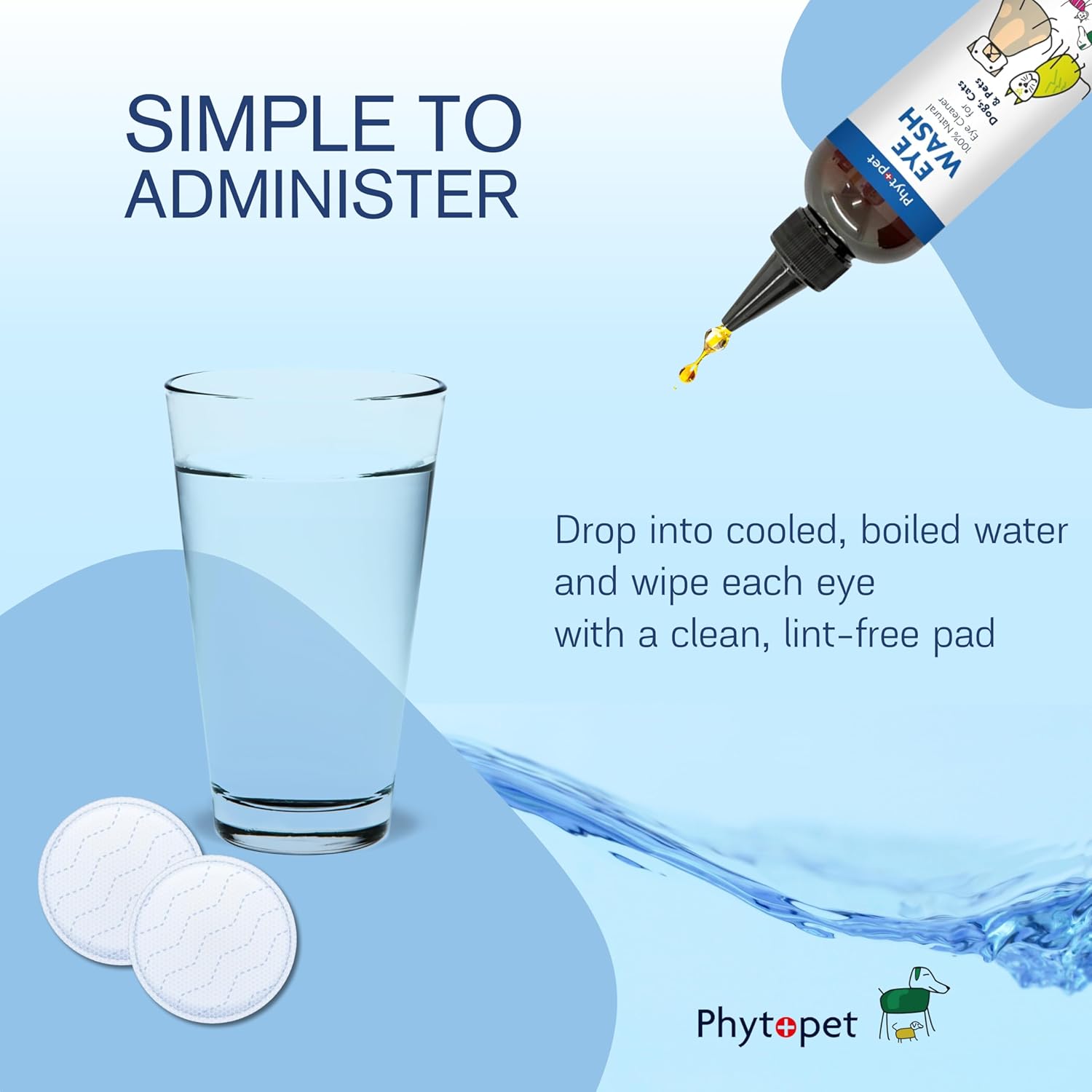 Product instructions for administering a drop into water with a glass and eye drops on a blue background.