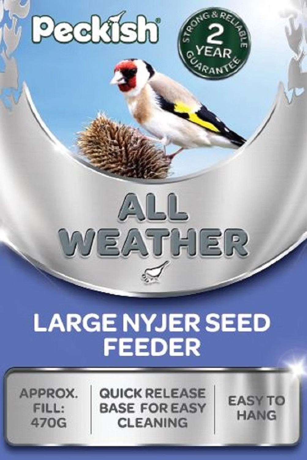 Peckish All Weather Large Nyjer Seed Feeder packaging with a bird on a branch.