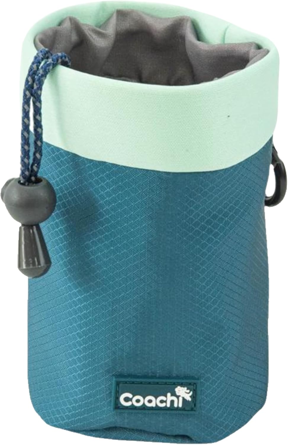 Teal and gray dog treat bag with 'Coachi' logo on a white background