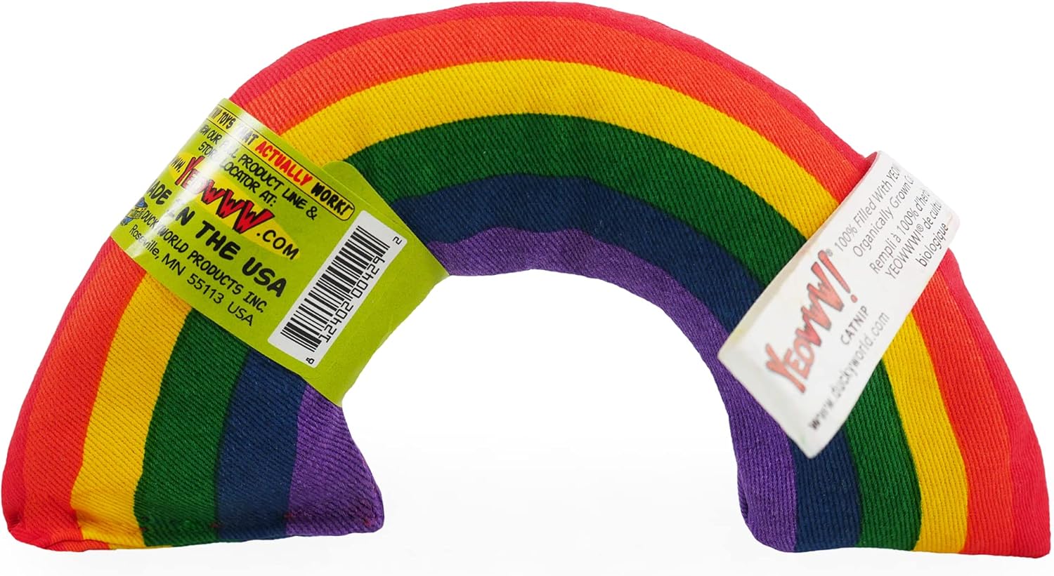 Colorful rainbow-shaped cat toy with tags on a white background
