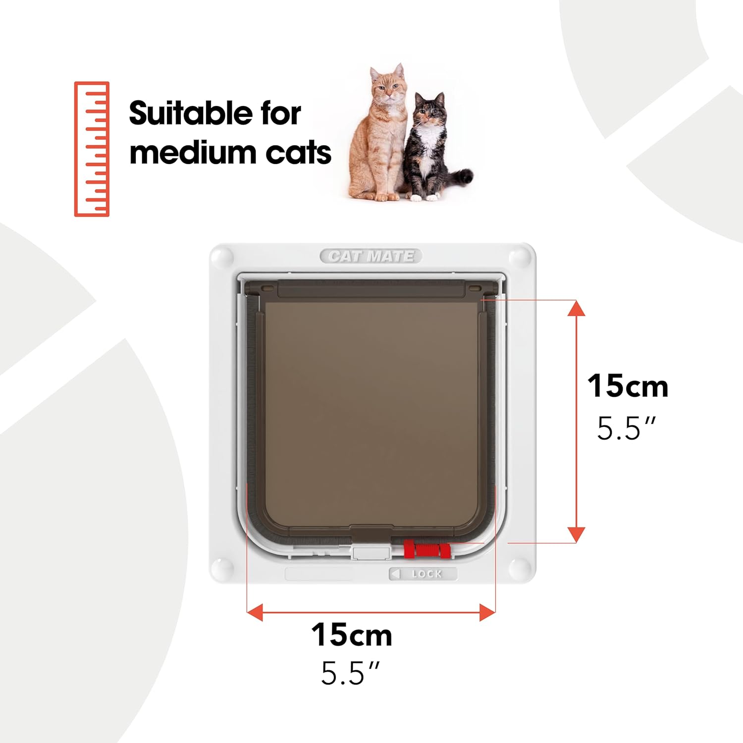 Cat flap with dimensions and suitability for medium cats indicated.