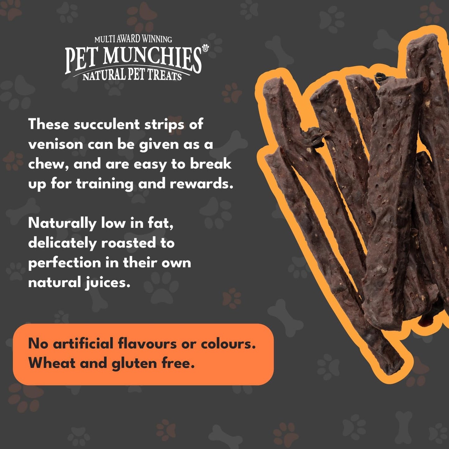 Pet Munchies natural pet treats with text on a dark background