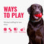 Dog playing with a red ball, promotional text about ways to play with minimal stuffing, on a white background.