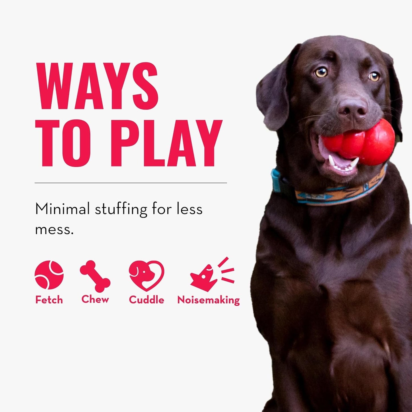 Dog playing with a red ball, promotional text about ways to play with minimal stuffing, on a white background.