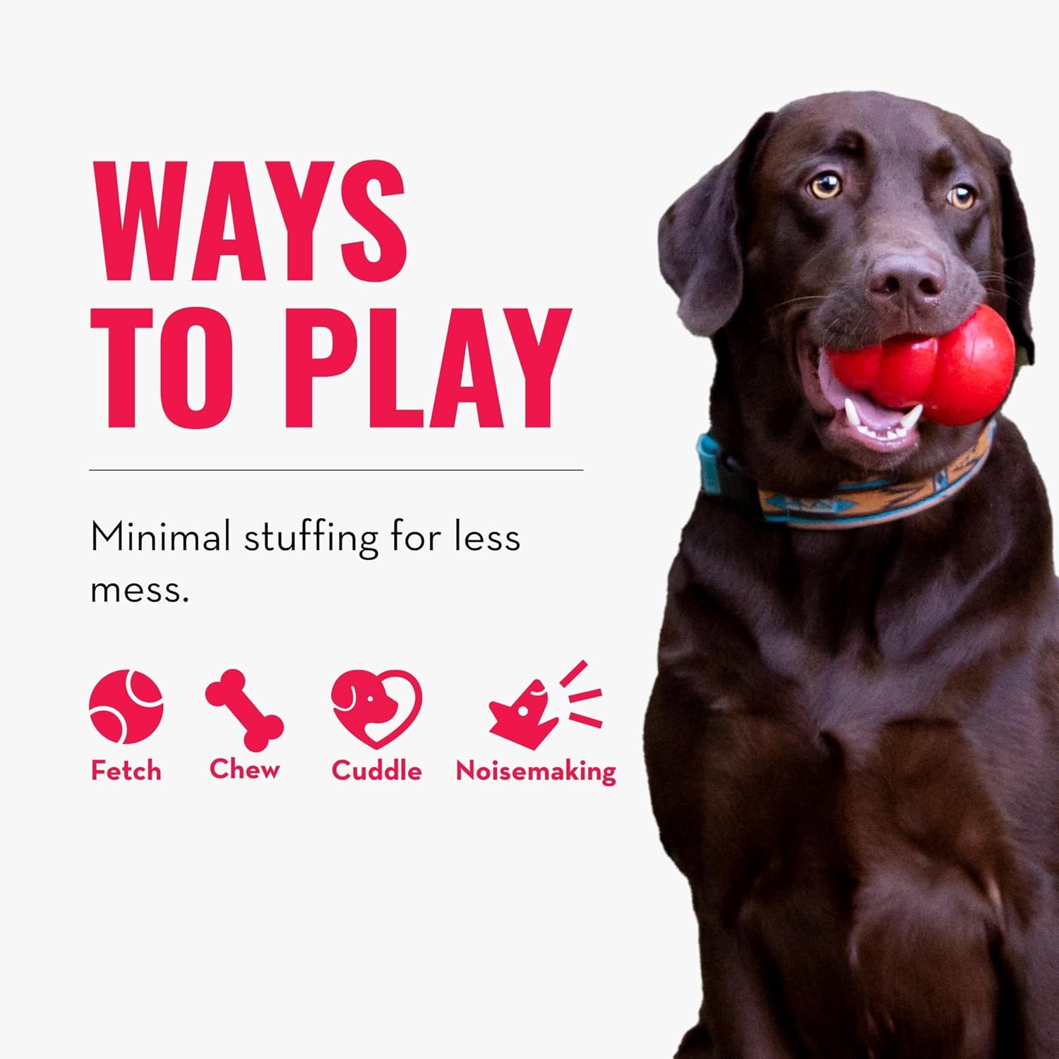 Dog playing with a red ball, promotional text about ways to play with minimal stuffing, on a white background.