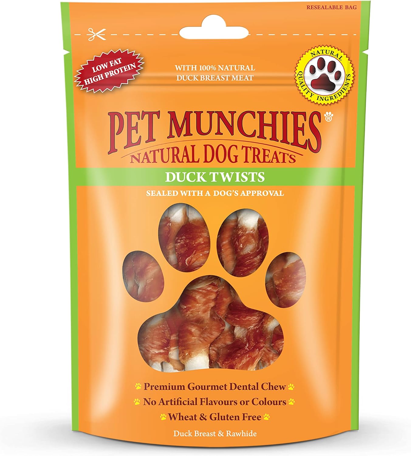 Packaging of Pet Munchies Natural Dog Treats Duck Twists on an orange background