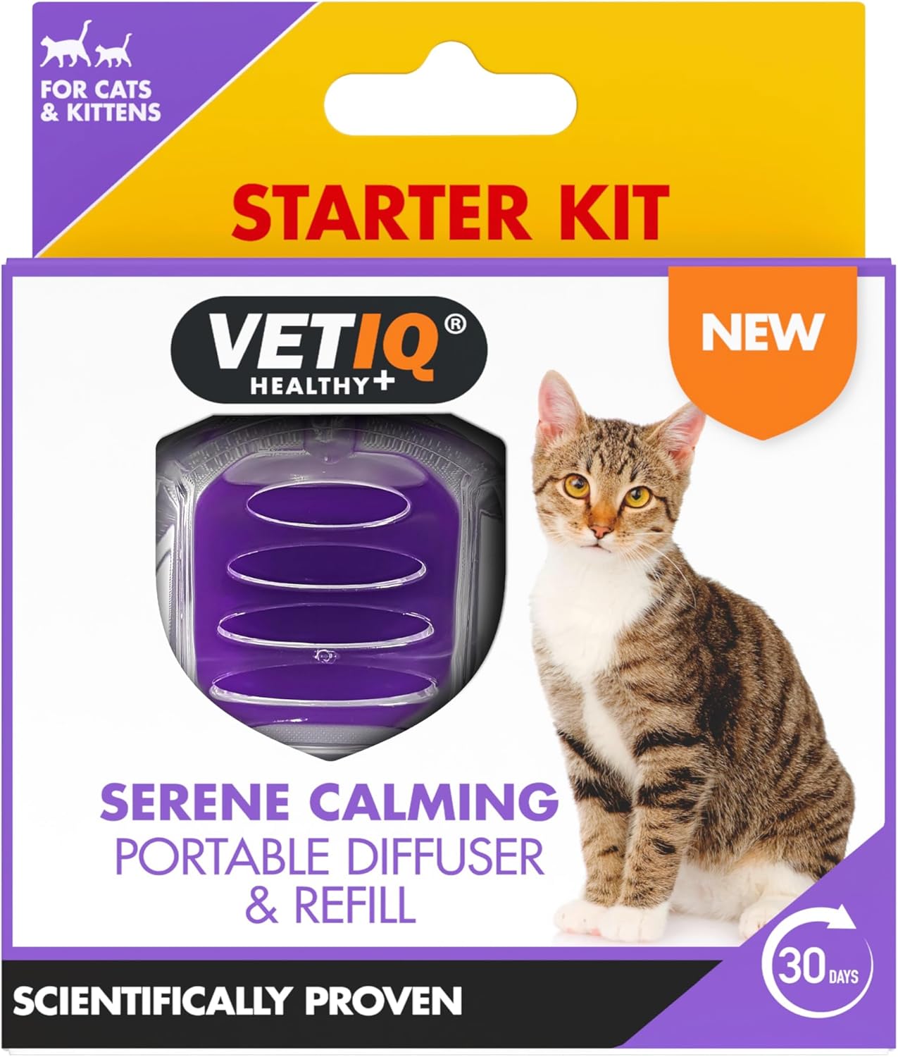 VetiQ Healthy+ Serene Calming Portable Diffuser & Refill Starter Kit for cats and kittens on a white background.
