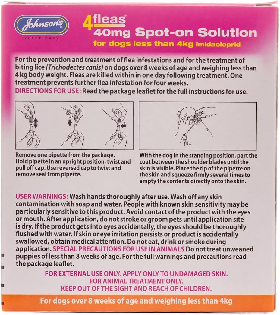 Back of the Johnson's 4 fleas 40mg Spot-on Solution for dogs package leaflet, showing usage instructions, warnings, and diagrams on a white background with a pink header.