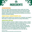 Ingredients list and nutritional information for a product on a green background with tree graphics.