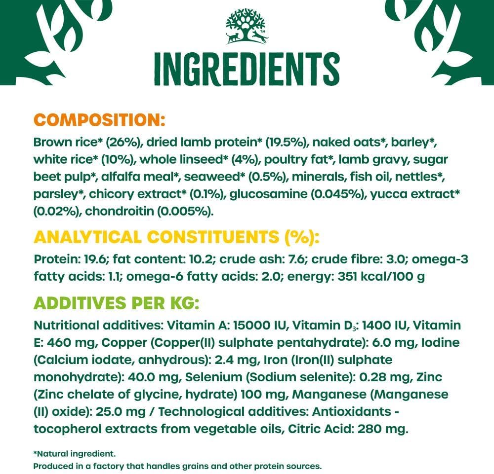 Ingredients list and nutritional information for a product on a green background with tree graphics.
