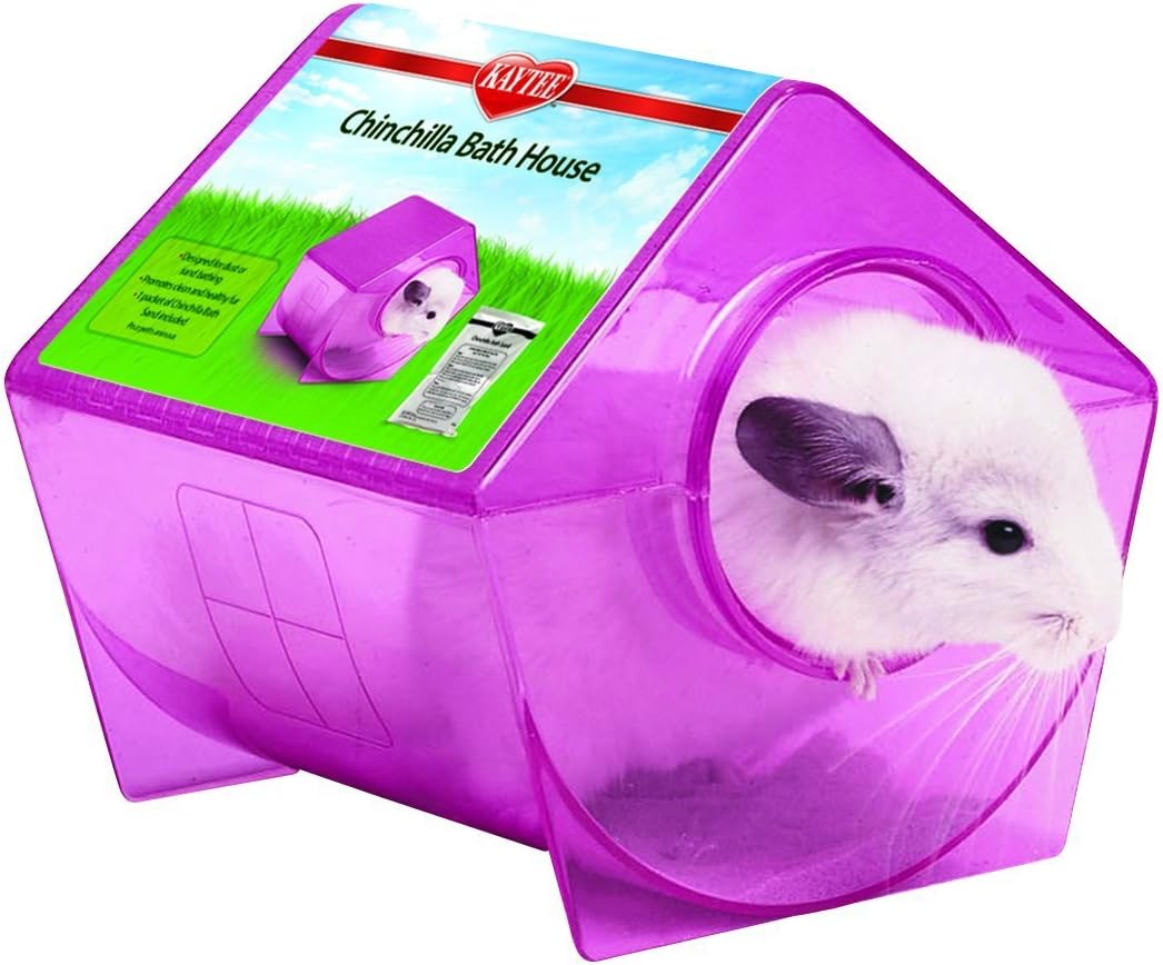 Purple chinchilla bath house with a chinchilla peeking out, on a white background