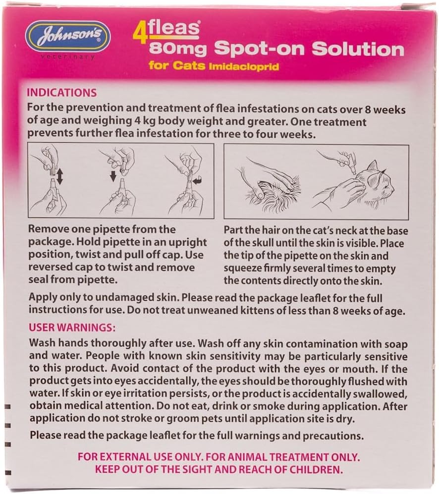 Front of a Johnson's 4fleas 80mg Spot-on Solution package insert for cats, showing product name, indications, usage instructions with a diagram, and user warnings on a white background with a pink header.