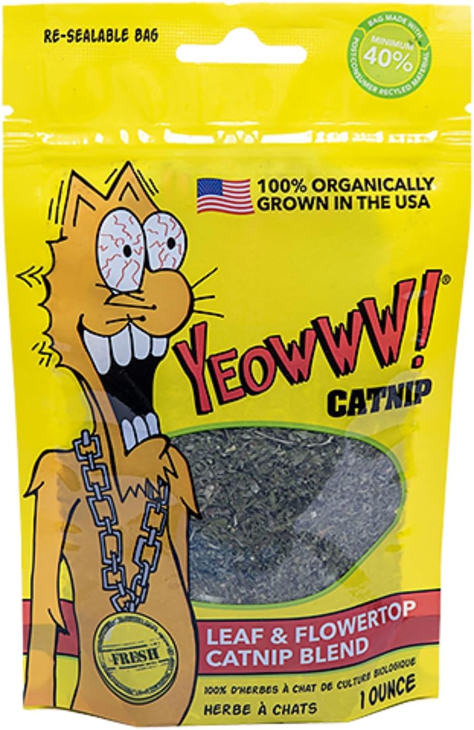 Yeowww! Catnip package with cartoon cat on yellow background