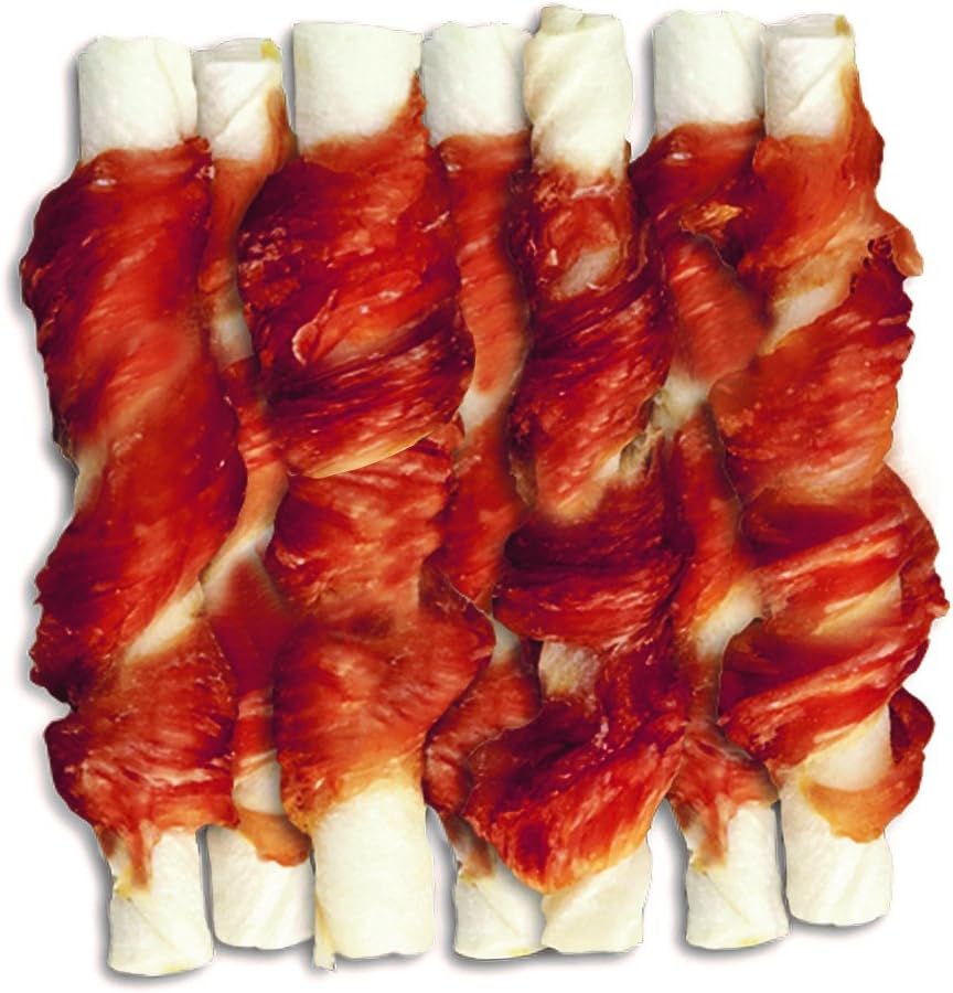 Bones wrapped in cured meat on a white background