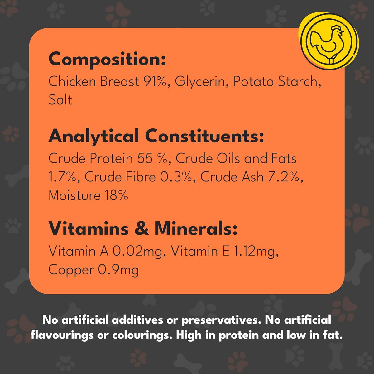 Nutritional label for chicken breast dog treats product with成分, analytical constituents, vitamins & minerals, and safety information.