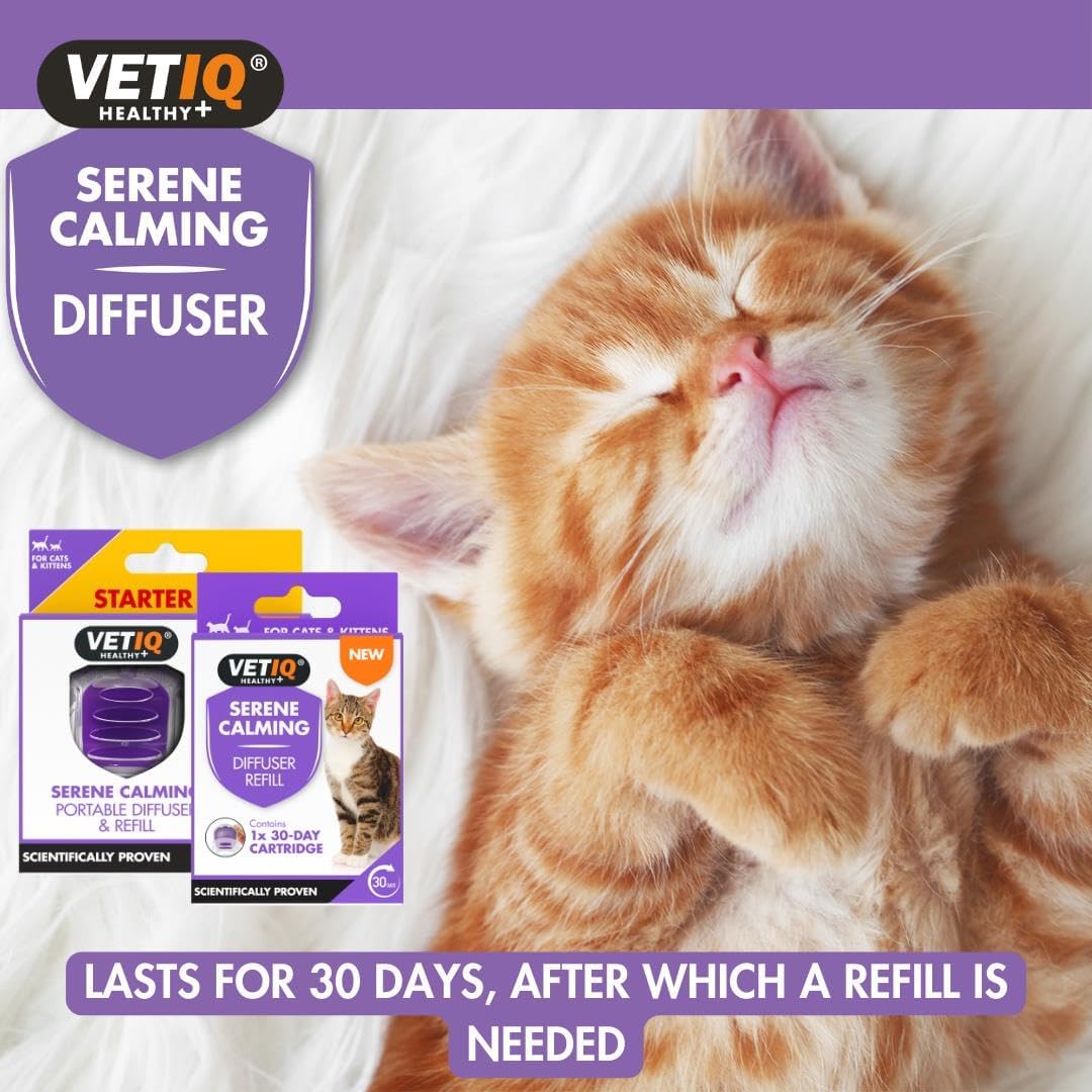 Cat using a VETiQ Serene Calming Diffuser with product packaging displayed.